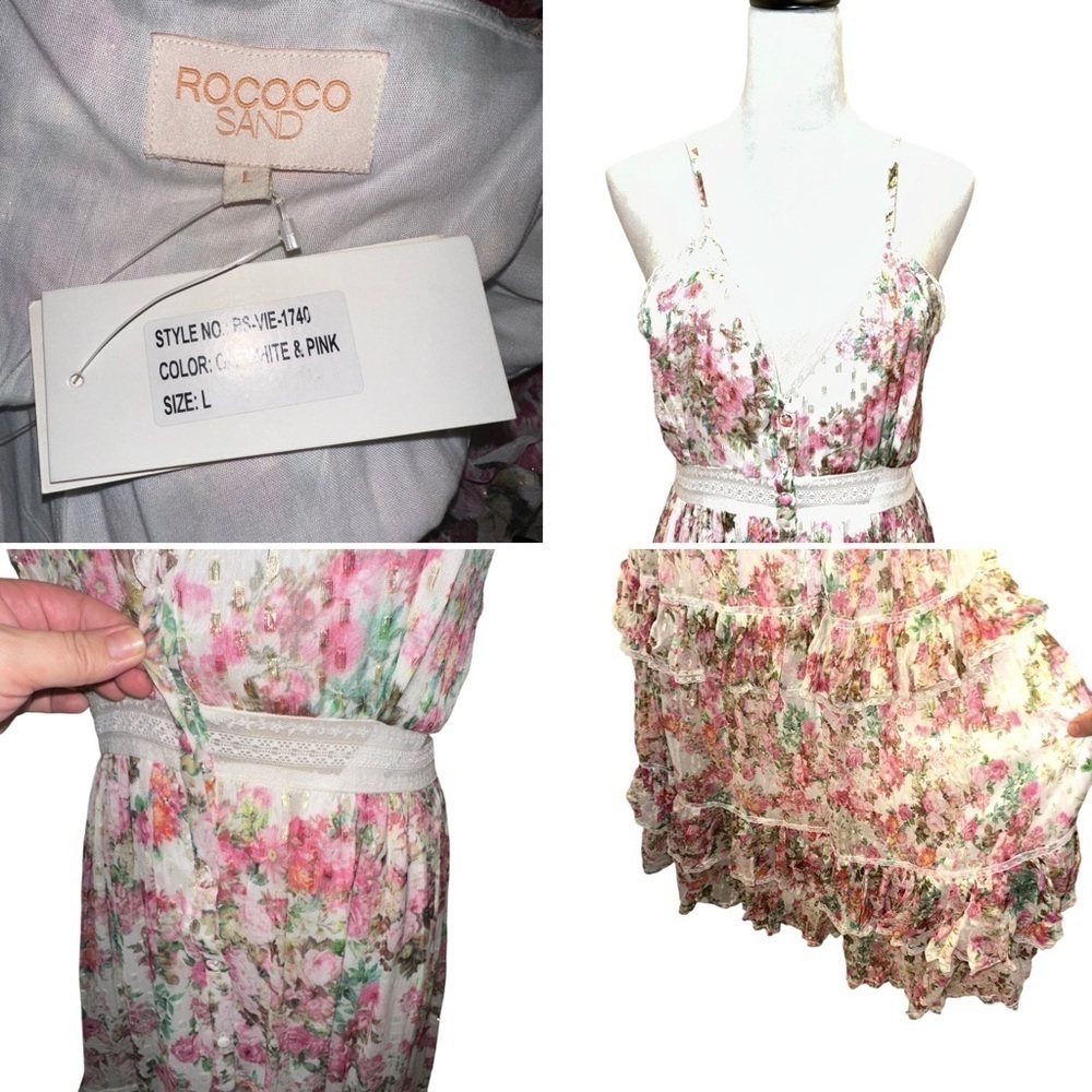 Rococo Sand Vie Pink Cream Tiered Chiffon Ruffled Maxi Dress Large L - Picture 16 of 16